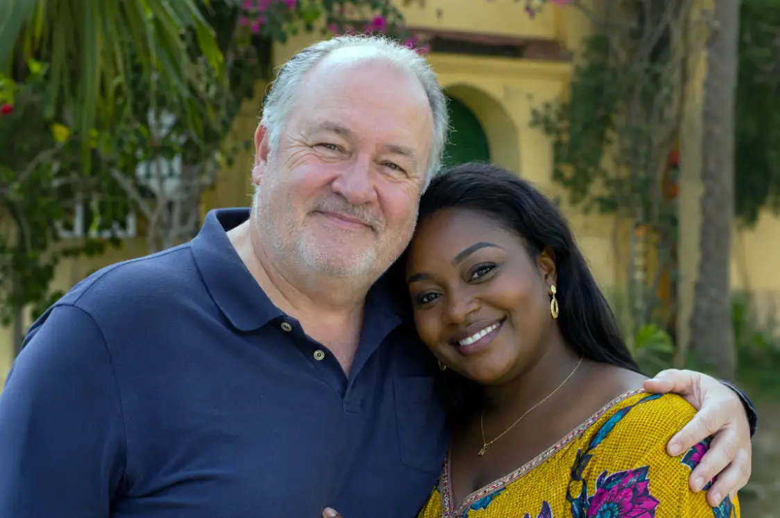 Un couple senior qui s'est rencontré grâce à Amour au Sénégal qui pose sur la promenade du bord de mer à Dakar